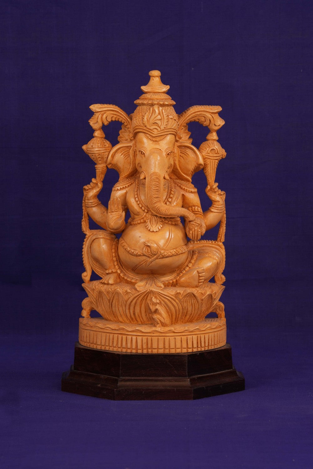 Image of Ganesha Bhagwan Murti Sitting with Moshak on Lotus Flower Base Idol.